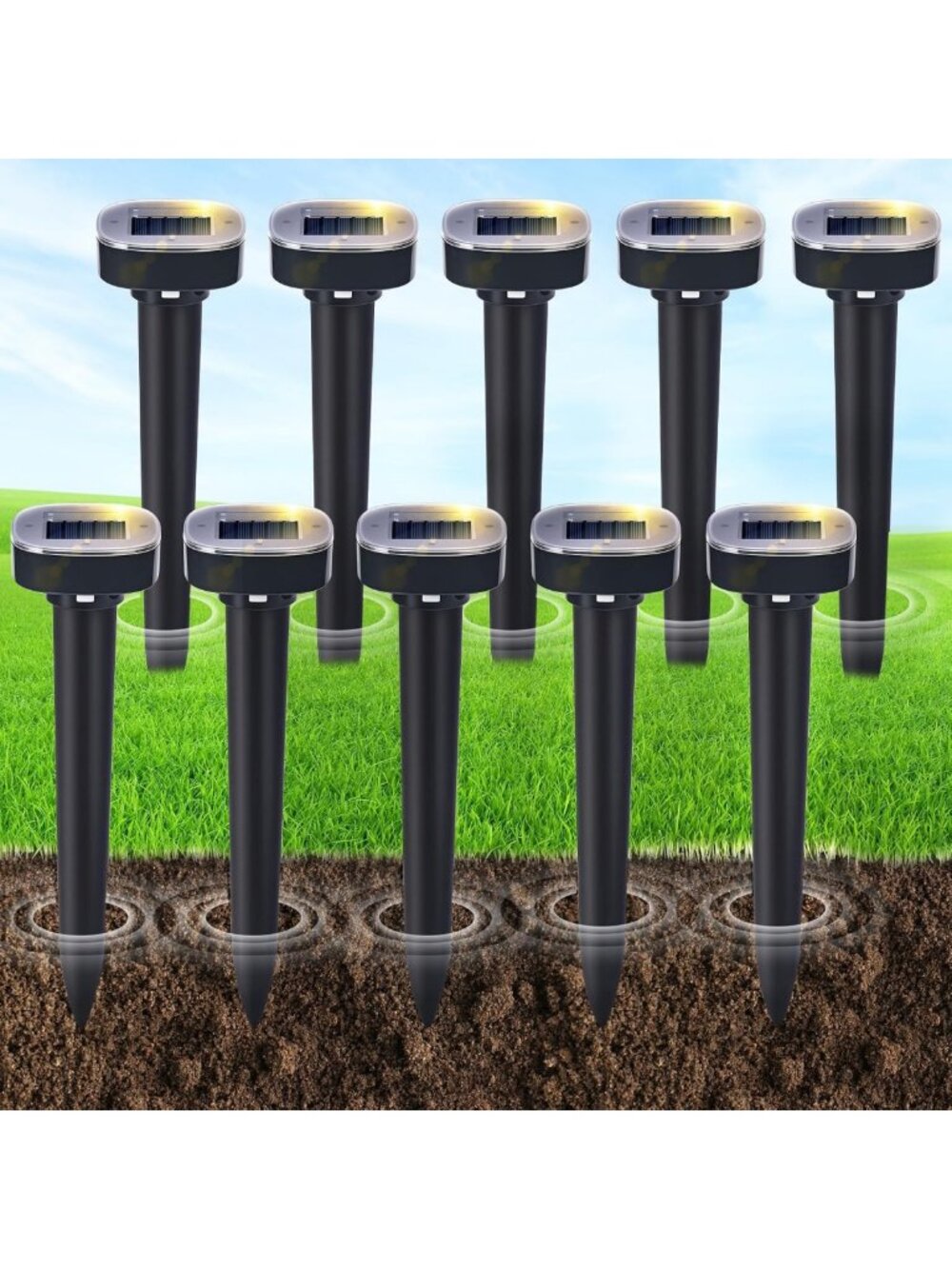 10 Pack Solar Powered Mole & Pest Repellent, Waterproof Ultrasonic Deterrent for